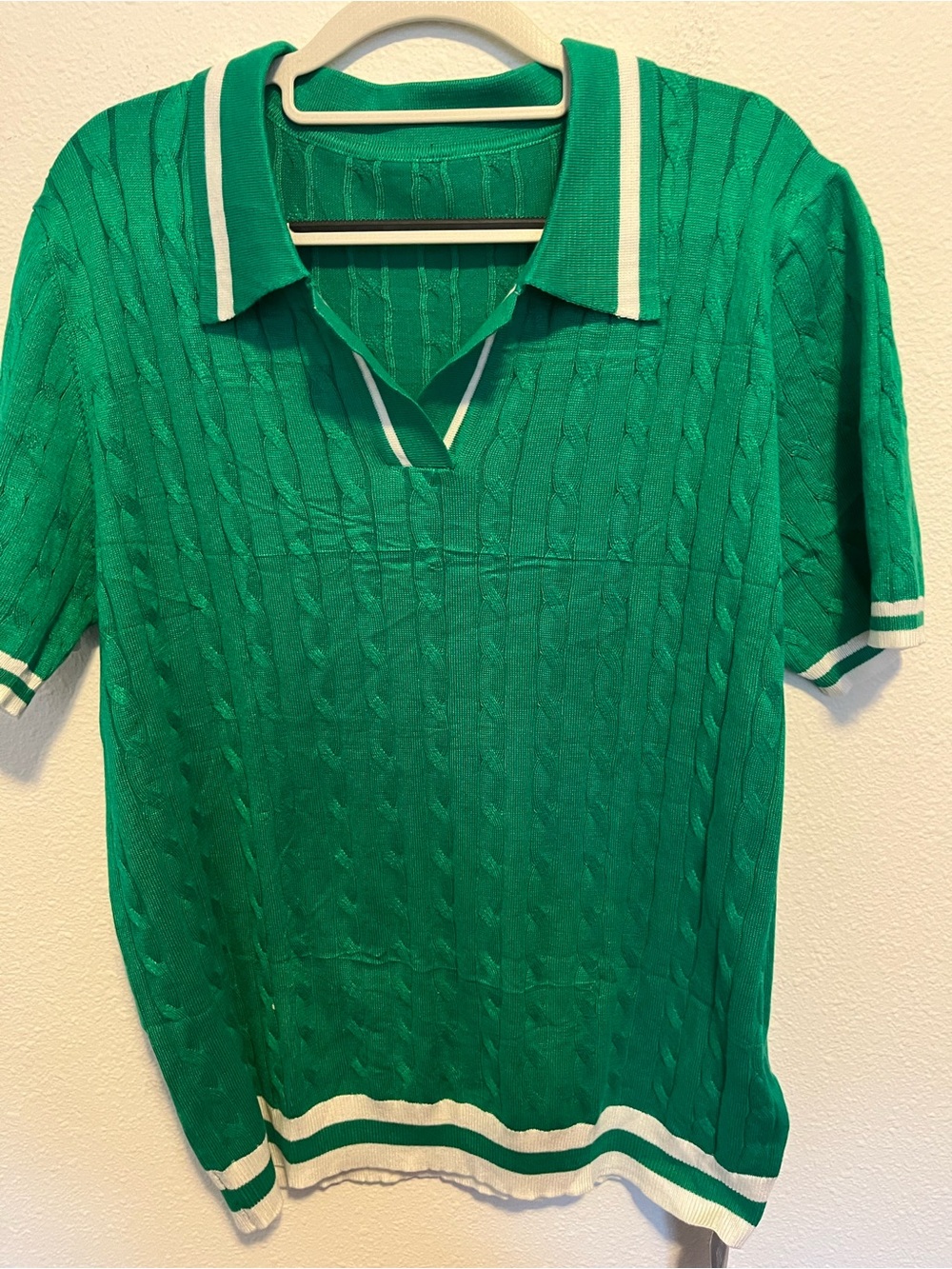 Classic Green V-Neck Cable Polo Sweater with White Trim